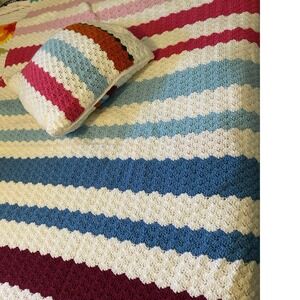 Crochet Blanket Throw‎ & Pillow Cover Set Striped Handmade Colorful